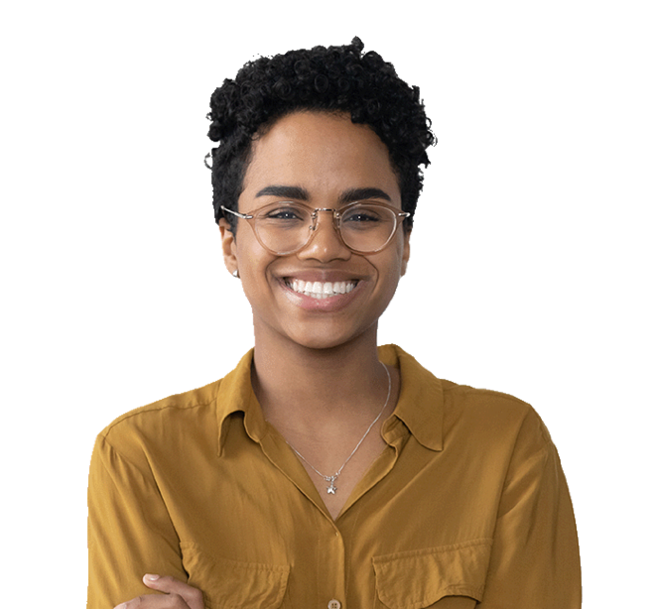 Smiling woman in bronze-colored top