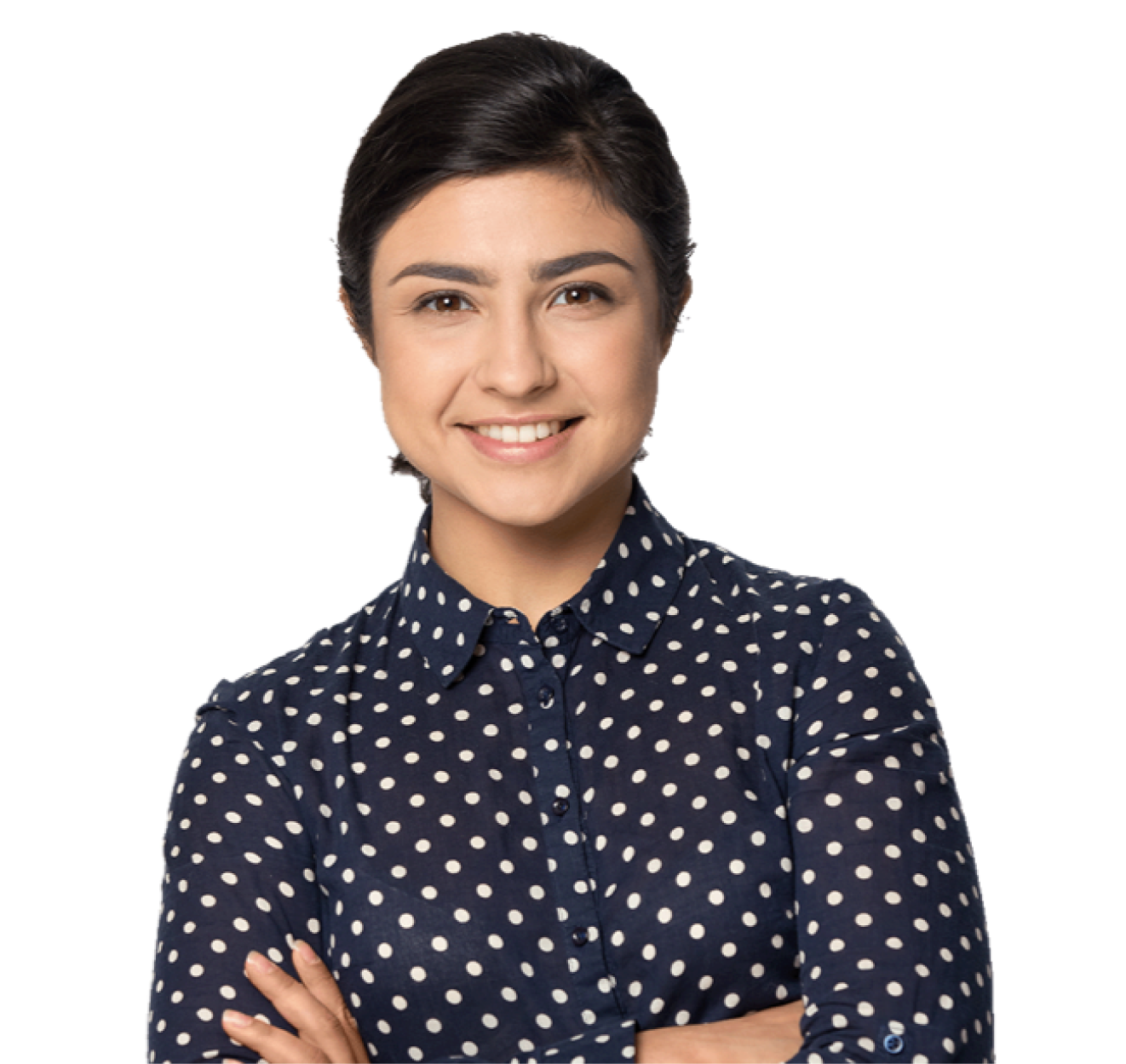 Smiling woman in black, polka-dot shirt